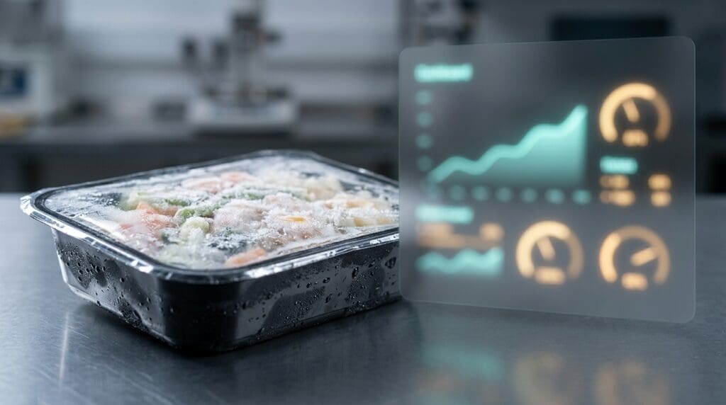 A frozen meal beside a glowing dashboard of light, illustrating the handful of metrics that tell a frozen food brand what is working.