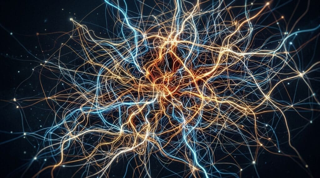 A dark map of Gauteng overlaid with a dense glowing web of possible delivery routes, illustrating the cold chain route-optimisation problem.