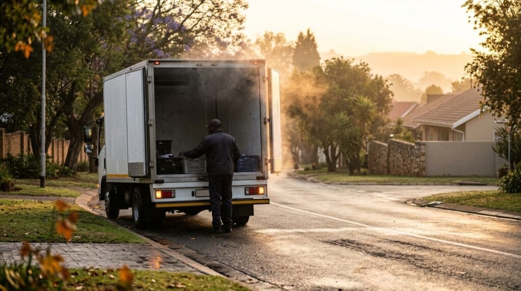 A refrigerated frozen food courier truck on a South African road at dawn, representing the engineering, evidence and economics of running a cold chain operation